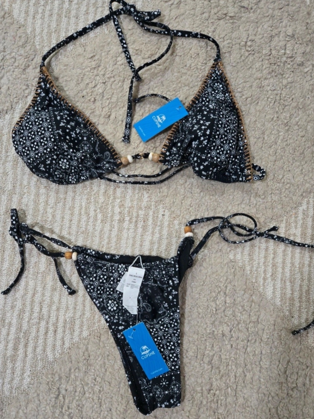 Cupshe Black & White Bandana-Print Beaded Triangle Bikini